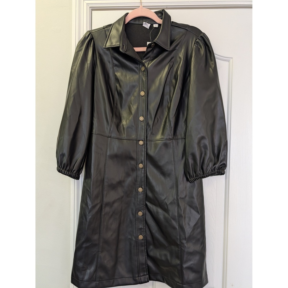 GAP Black Faux Leather Puff Sleeve Button Front Mini Shirt Dress Medium NEW